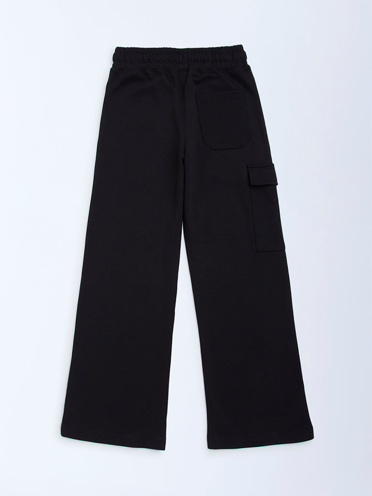 Y&F Kids Black Relaxed-Fit Mid-Rise Cotton-Blend Trousers