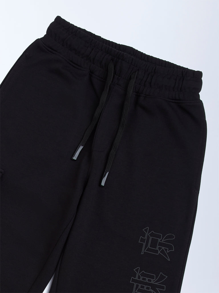Y&F Kids Black Relaxed-Fit Mid-Rise Cotton-Blend Trousers