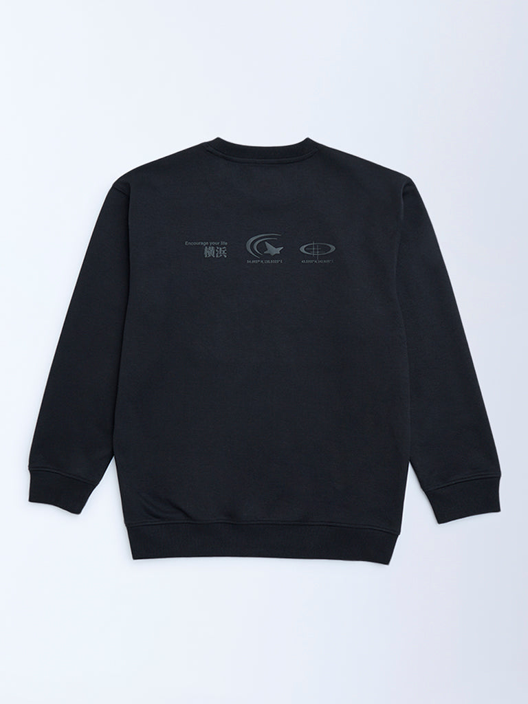 Y&F Kids Black Japanese Text Design Cotton-Blend Sweatshirt