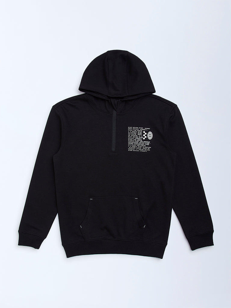 Y&F Kids Black Typographic Cotton-Blend Hoodie
