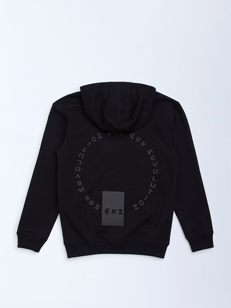 Y&F Kids Black Typographic Cotton-Blend Hoodie