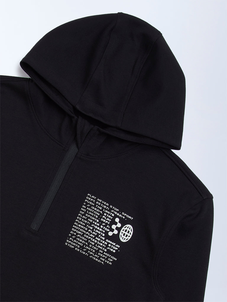 Y&F Kids Black Typographic Cotton-Blend Hoodie