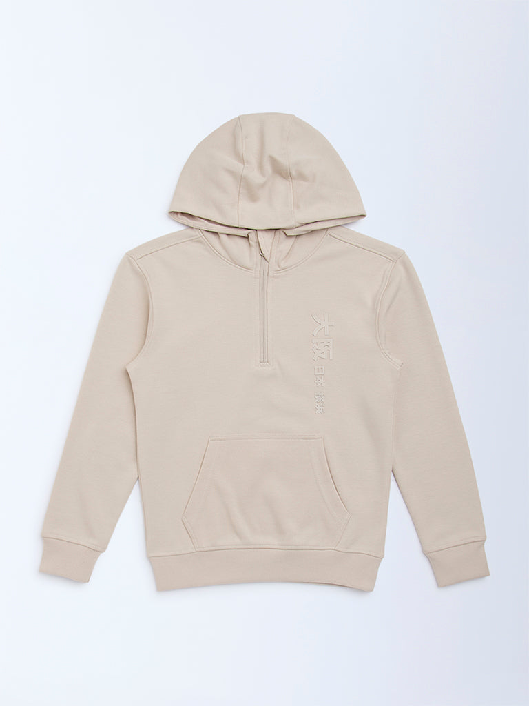 Y&F Kids Beige Typographic Cotton-Blend Hoodie