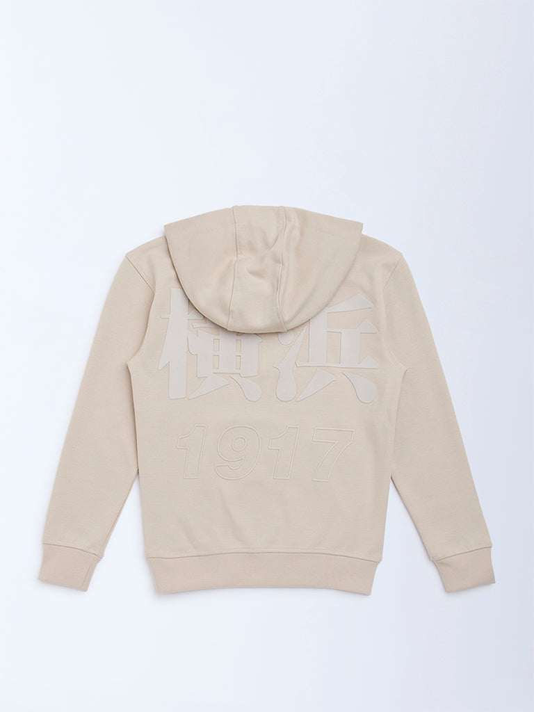 Y&F Kids Beige Typographic Cotton-Blend Hoodie