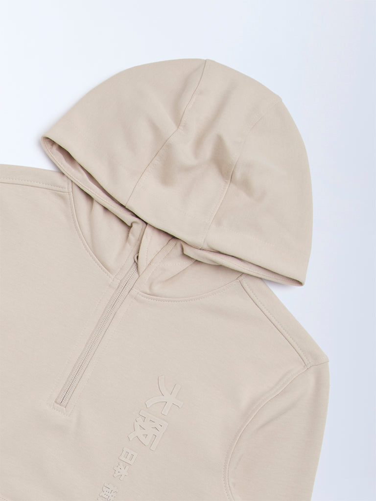 Y&F Kids Beige Typographic Cotton-Blend Hoodie