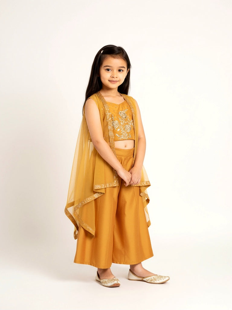 Utsa Kids Mustard Floral Ethnic Top, Pants and Shrug Set - (2-8yrs)
