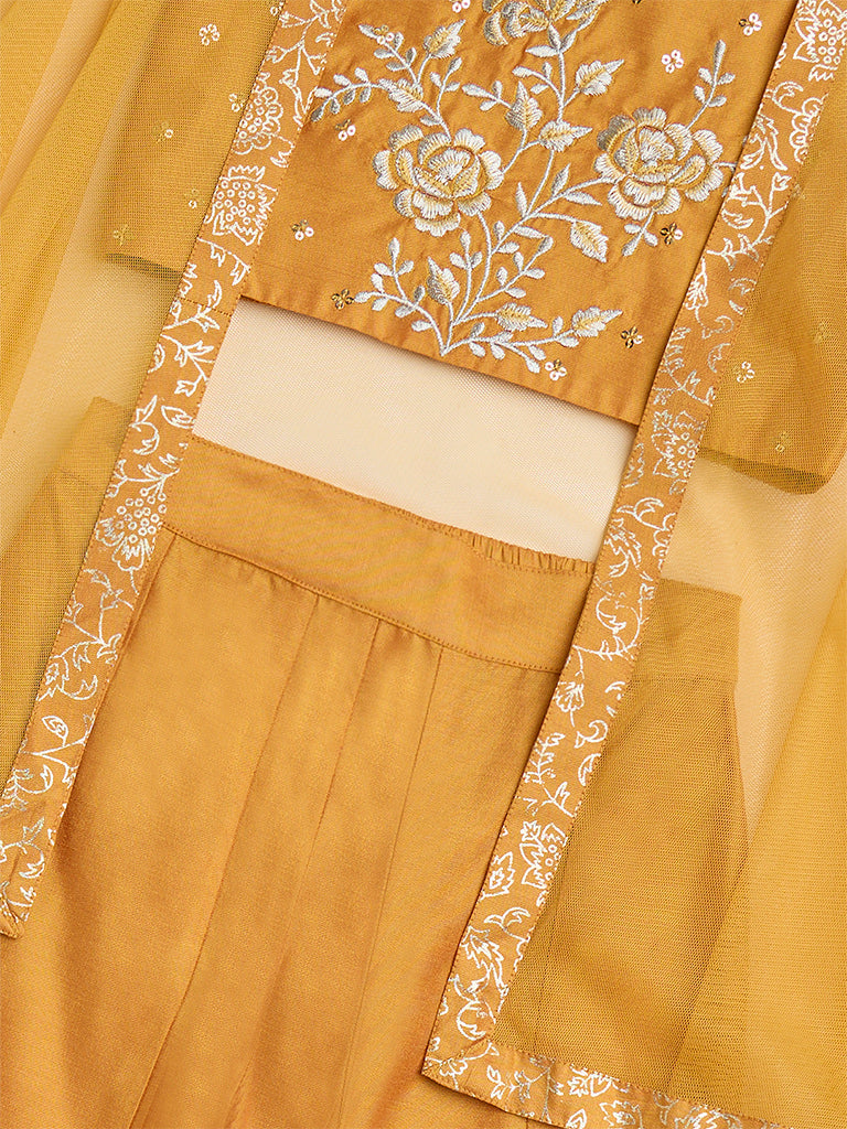 Utsa Kids Mustard Floral Ethnic Top, Pants and Shrug Set - (2-8yrs)
