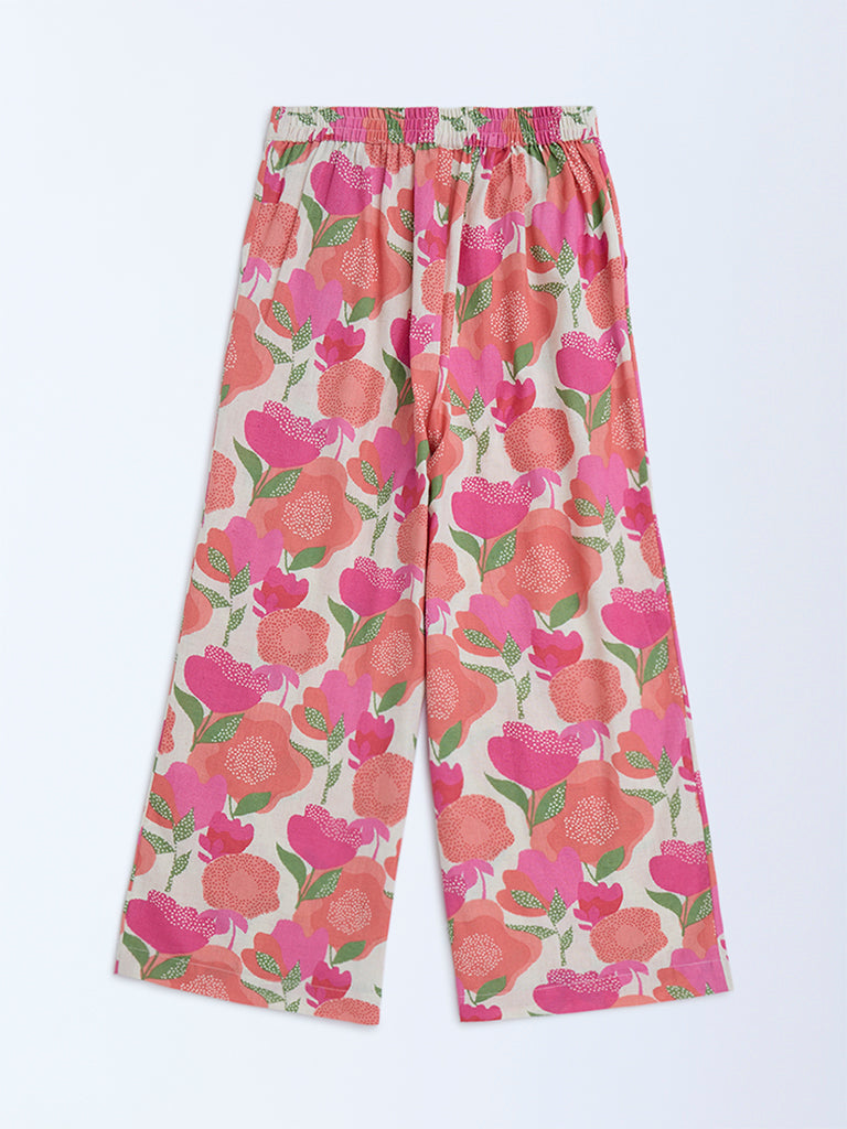 Utsa Kids Pink Foliage Printed Cotton-Blend Ethnic Pants - (8-14yrs)