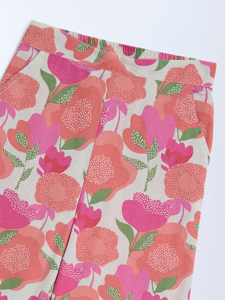 Utsa Kids Pink Foliage Printed Cotton-Blend Ethnic Pants - (8-14yrs)