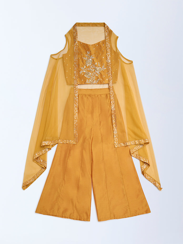 Utsa Kids Mustard Floral Ethnic Top, Pants and Shrug Set - (8-14yrs)