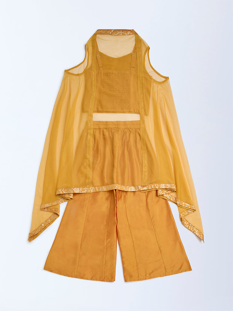 Utsa Kids Mustard Floral Ethnic Top, Pants and Shrug Set - (8-14yrs)