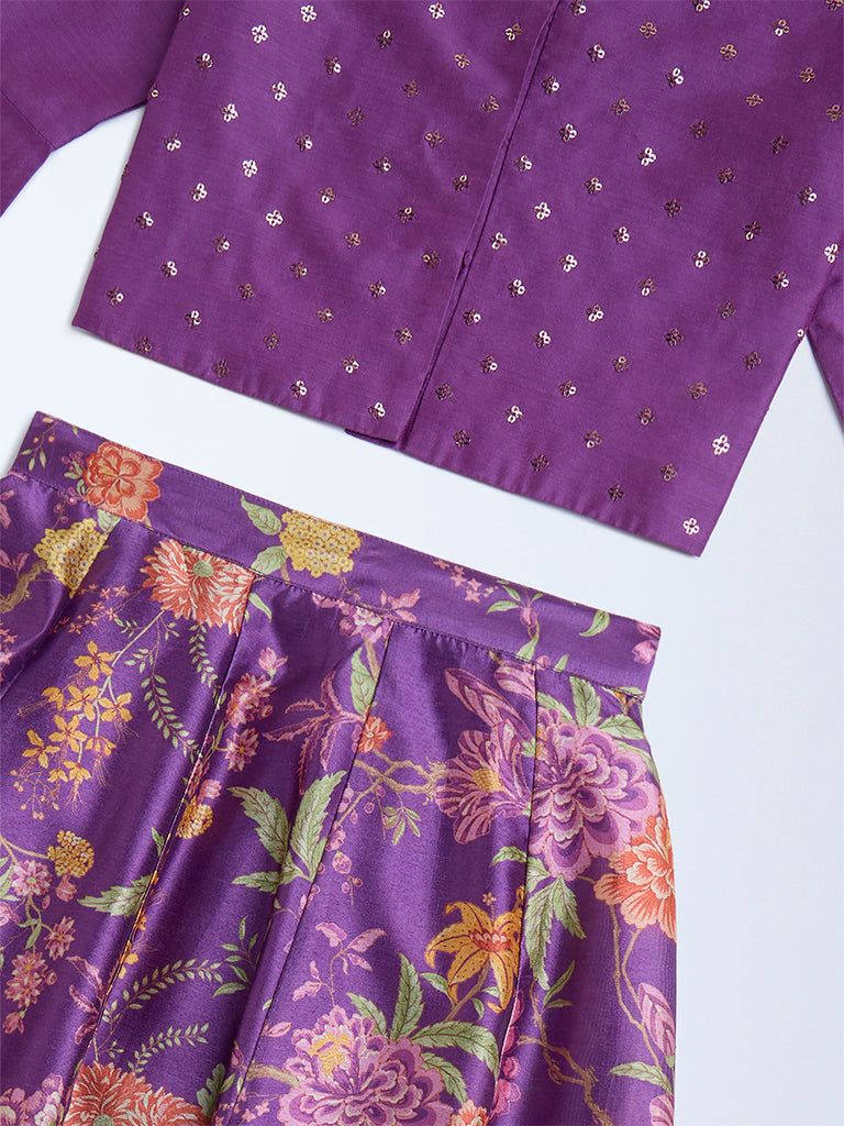 Utsa Kids Purple Floral Pattern Ethnic Set - (8-14yrs)
