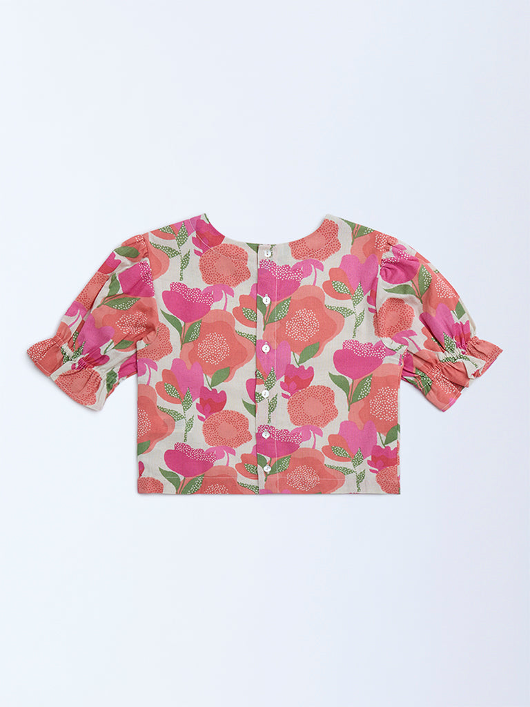 Utsa Kids Pink Foliage Design Cotton-Blend Ethnic Top - (8-14yrs)