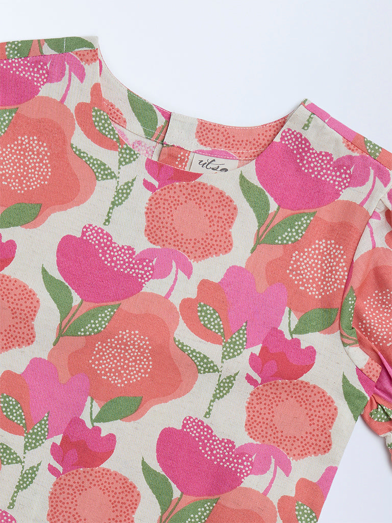 Utsa Kids Pink Foliage Design Cotton-Blend Ethnic Top - (8-14yrs)