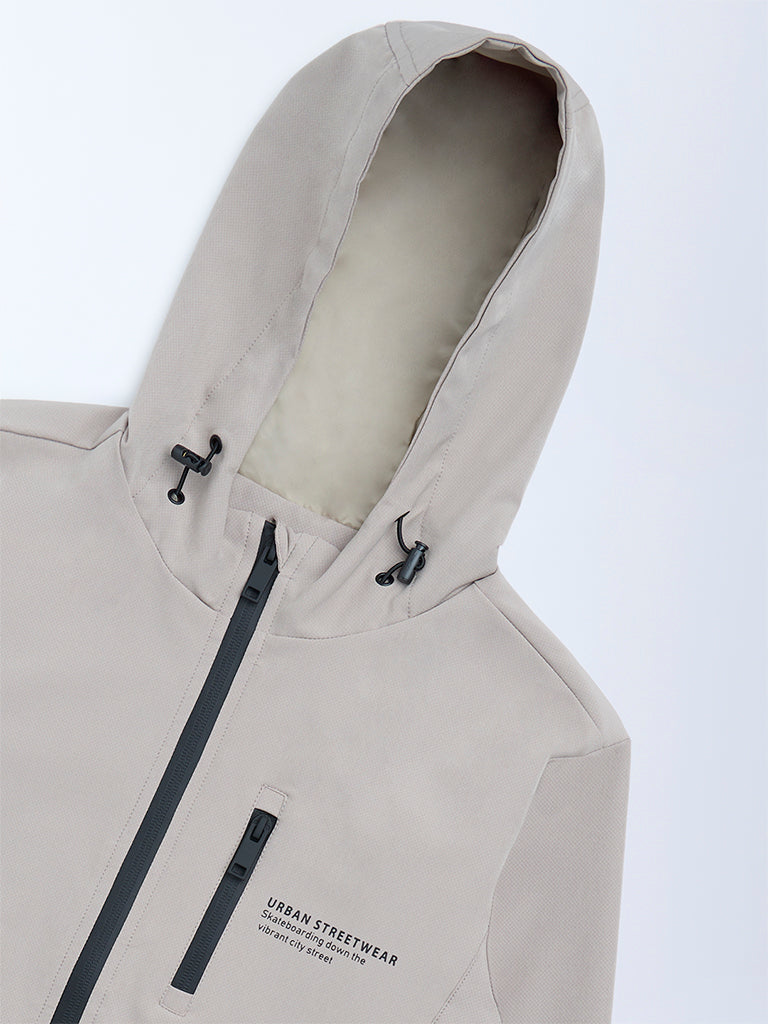 Y&F Kids Beige Text Detailed Hooded Jacket