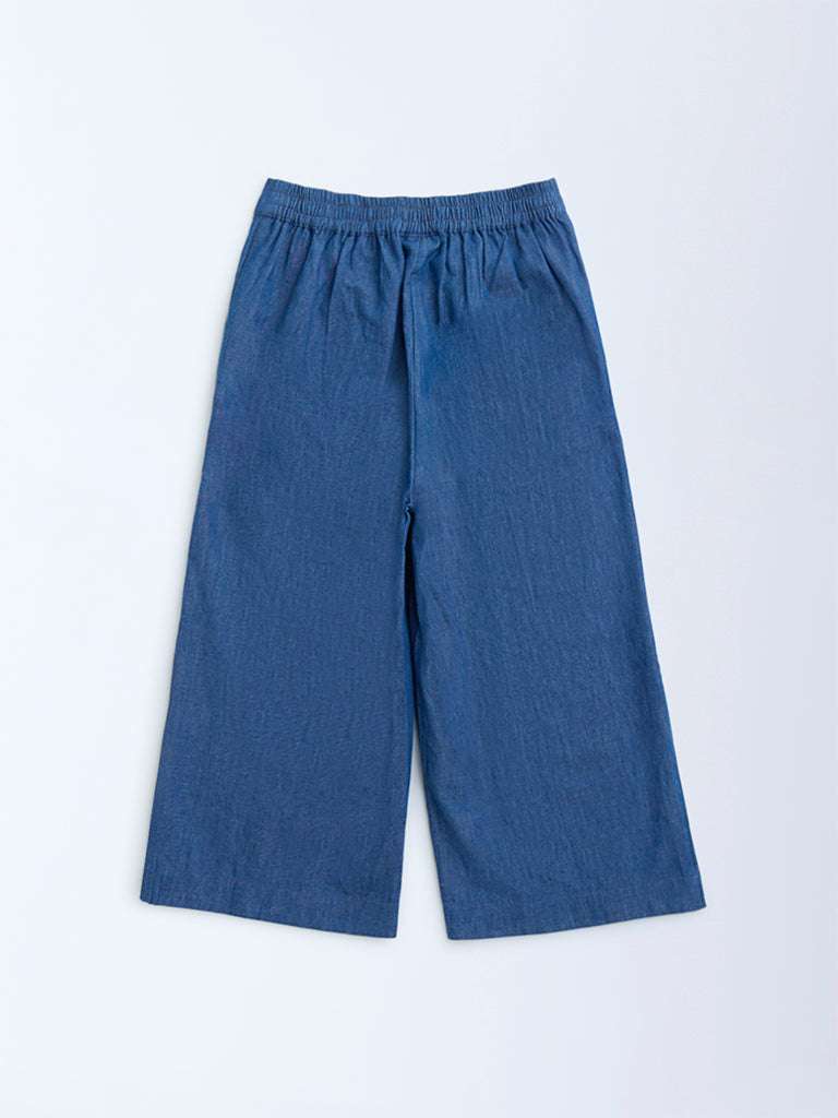 Utsa Kids Dark Blue Floral Embroidered Denim Palazzos - (2-8yrs)