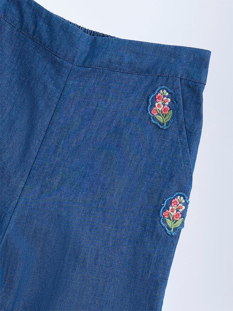 Utsa Kids Dark Blue Floral Embroidered Denim Palazzos - (2-8yrs)