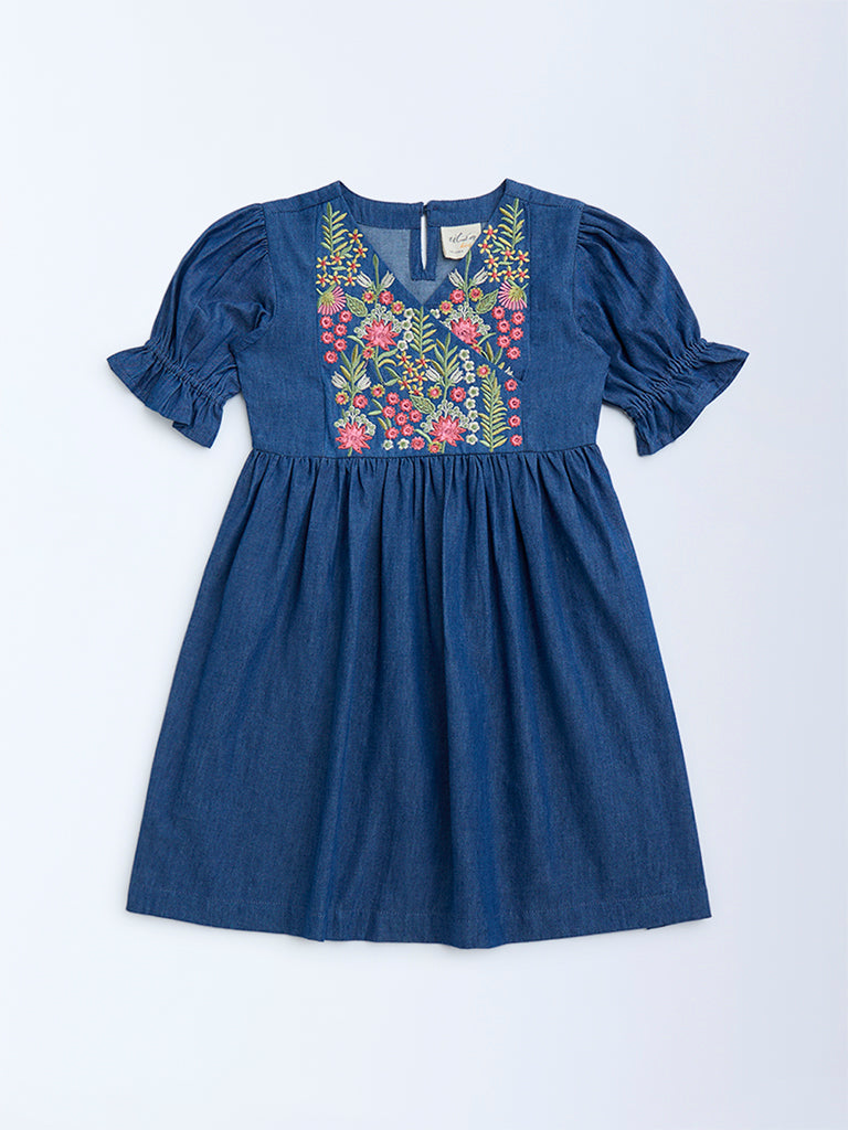 Utsa Kids Dark Blue Floral Embroidered Denim A-Line Dress - (2-8yrs)