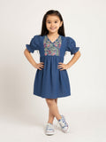 Utsa Kids Dark Blue Floral Embroidered Denim A-Line Dress - (2-8yrs)