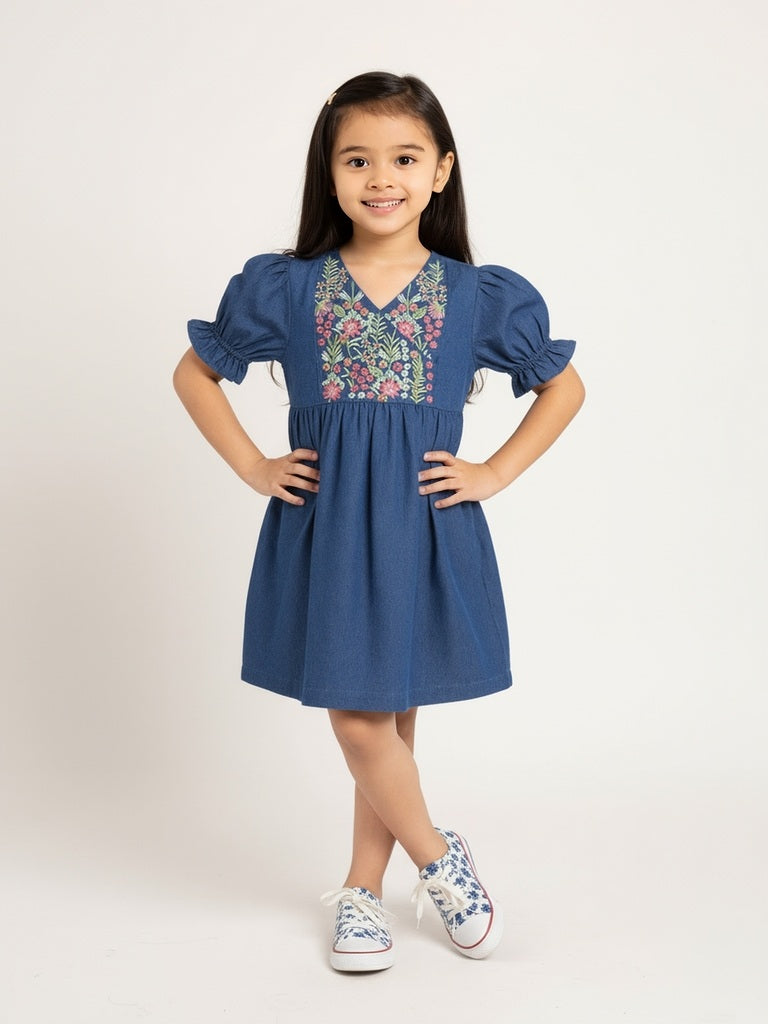 Utsa Kids Dark Blue Floral Embroidered Denim A-Line Dress - (2-8yrs)