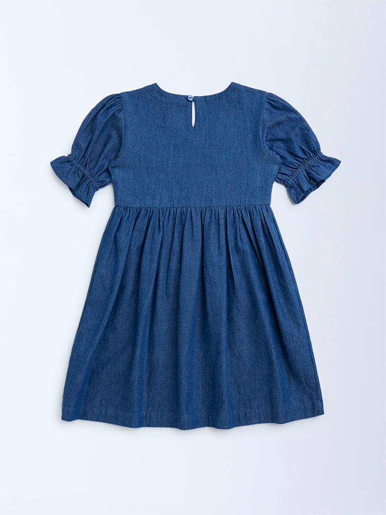 Utsa Kids Dark Blue Floral Embroidered Denim A-Line Dress - (2-8yrs)