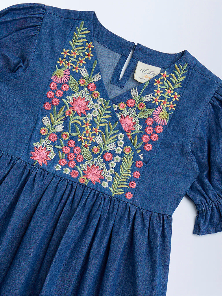 Utsa Kids Dark Blue Floral Embroidered Denim A-Line Dress - (2-8yrs)