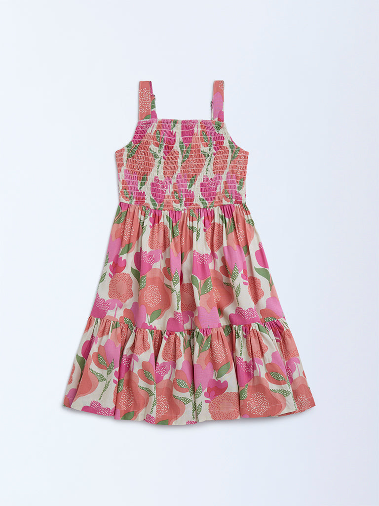 Utsa Kids Pink Foliage Detailed Tiered Dress - (2-8yrs)