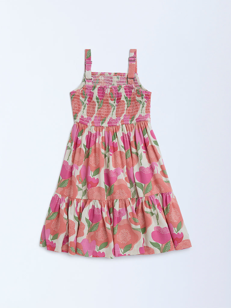 Utsa Kids Pink Foliage Detailed Tiered Dress - (2-8yrs)