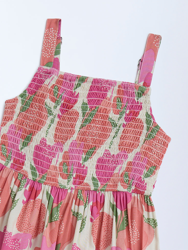 Utsa Kids Pink Foliage Detailed Tiered Dress - (2-8yrs)