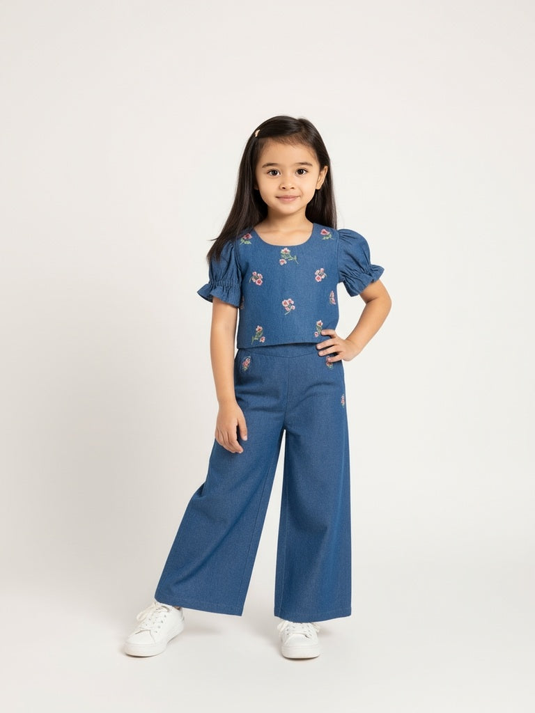 Utsa Kids Dark Blue Floral Embroidered Denim Ethnic Top - (2-8yrs)