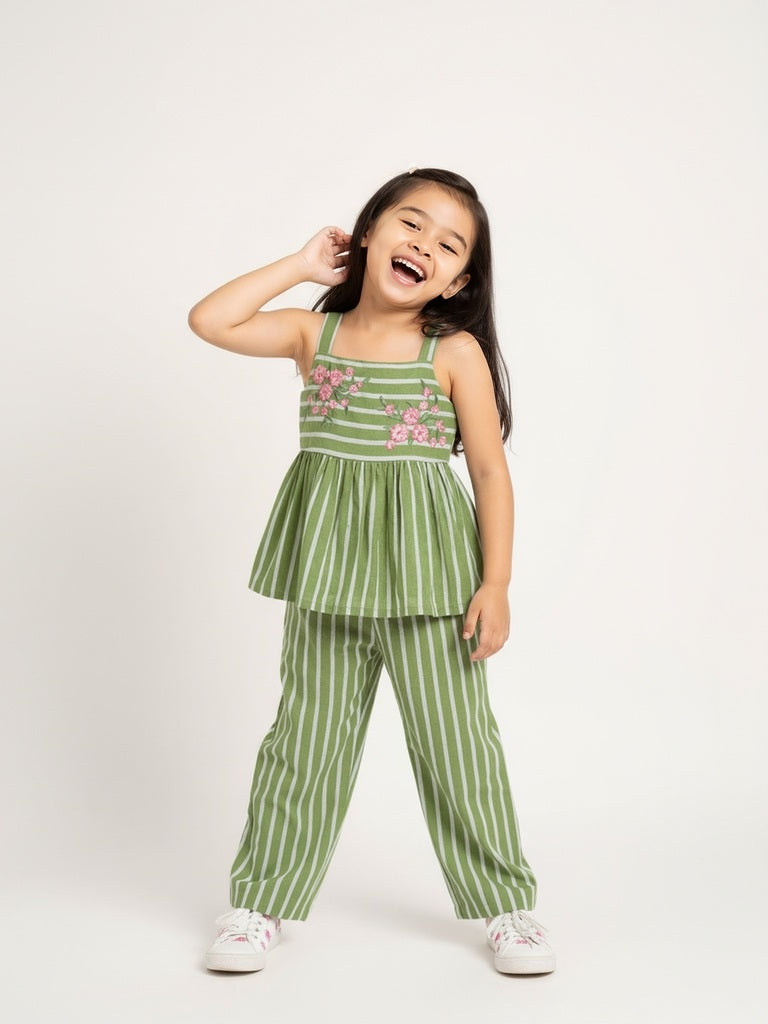 Utsa Kids Green Striped Cotton Ethnic Top - (2-8yrs)