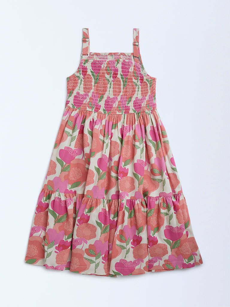 Utsa Kids Pink Foliage Detailed Tiered Dress - (8-14yrs)