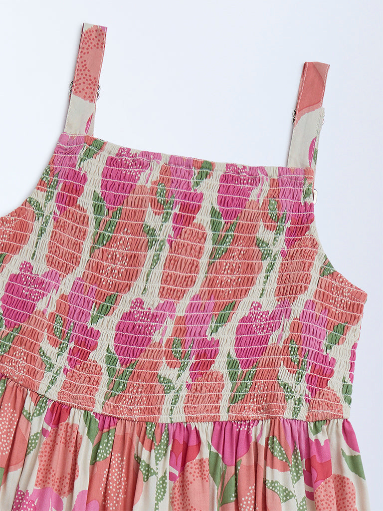 Utsa Kids Pink Foliage Detailed Tiered Dress - (8-14yrs)