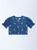 Utsa Kids Dark Blue Floral Embroidered Denim Ethnic Top - (8-14yrs)