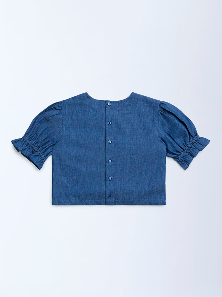 Utsa Kids Dark Blue Floral Embroidered Denim Ethnic Top - (8-14yrs)