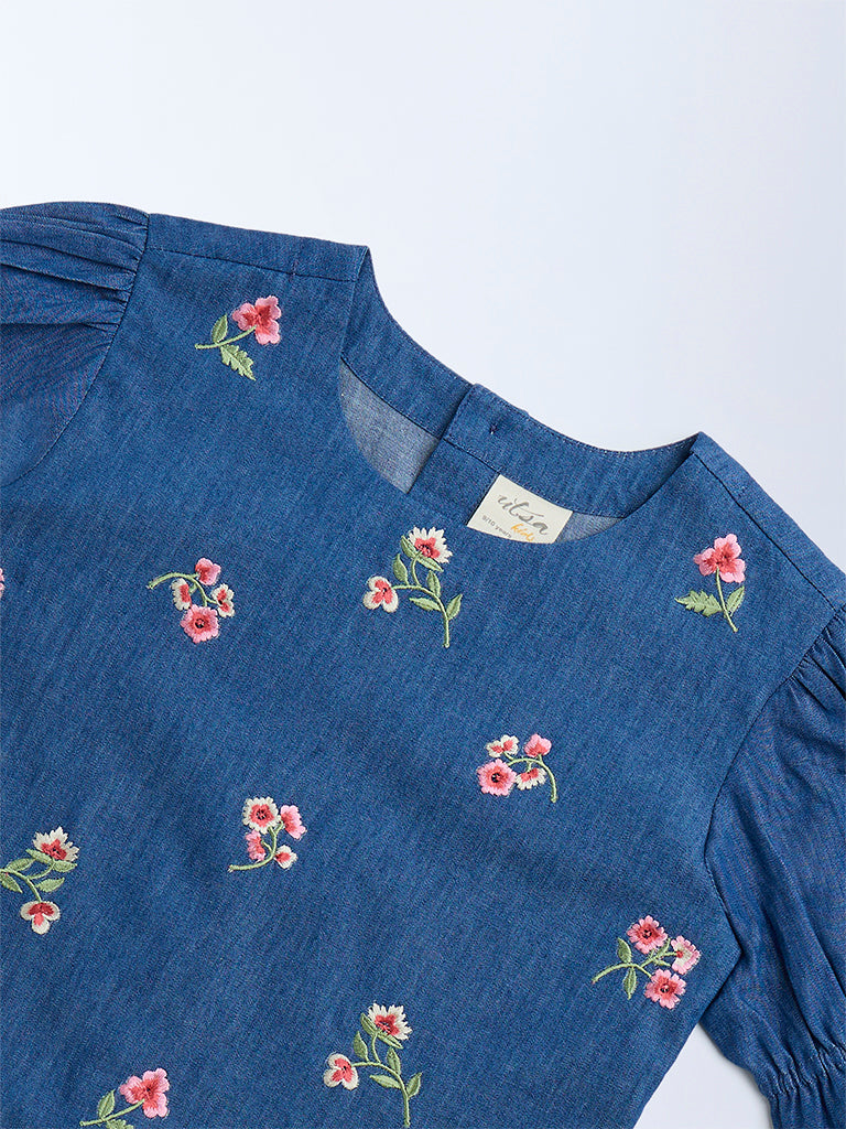 Utsa Kids Dark Blue Floral Embroidered Denim Ethnic Top - (8-14yrs)