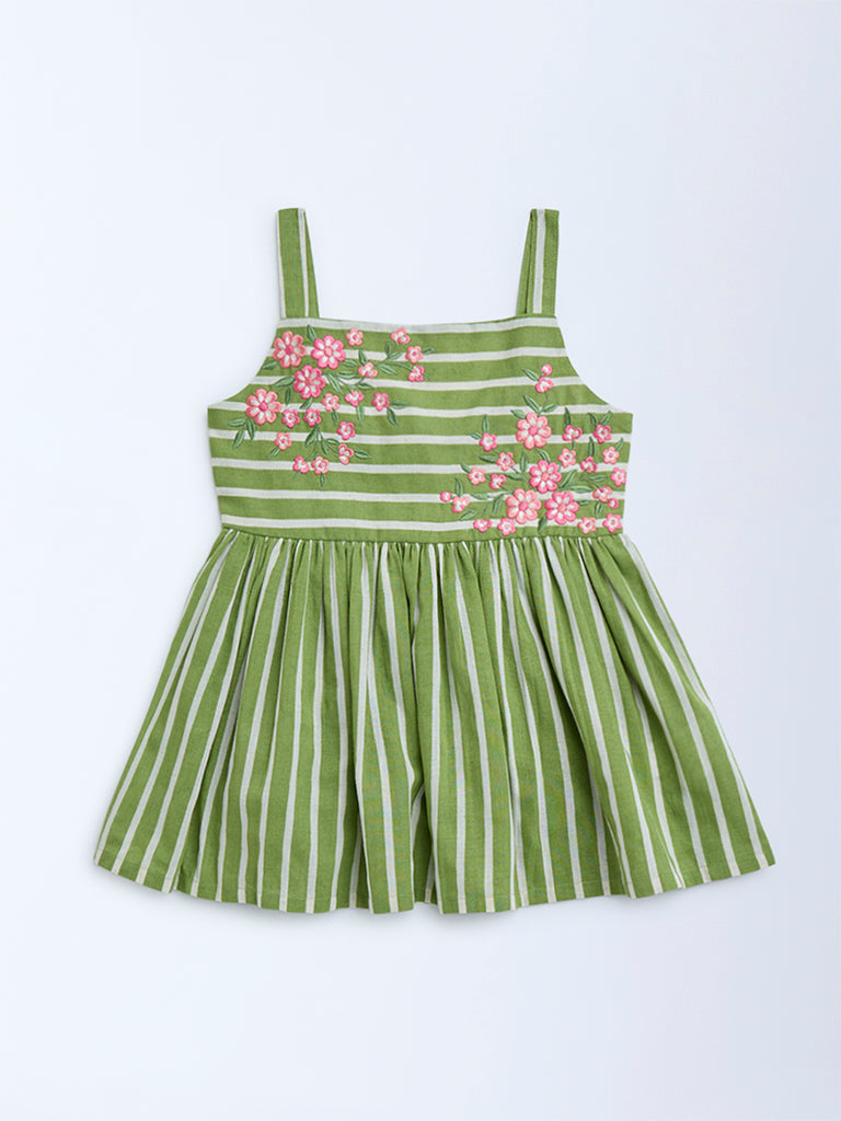 Utsa Kids Green Striped Cotton Ethnic Top - (8-14yrs)