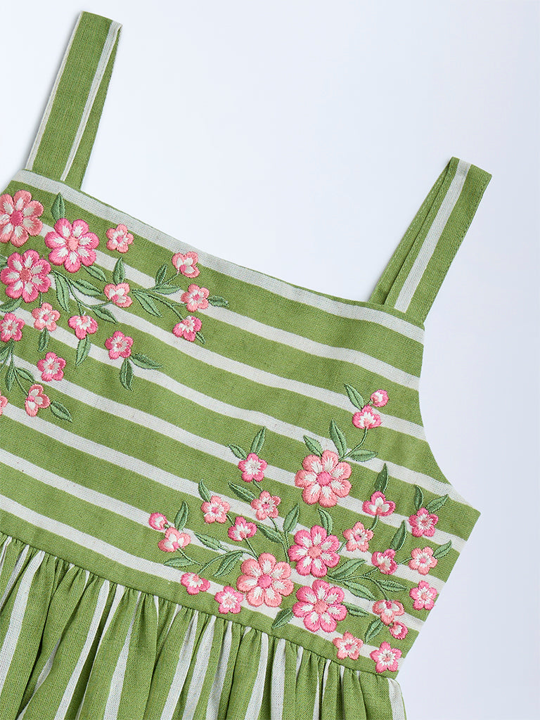Utsa Kids Green Striped Cotton Ethnic Top - (8-14yrs)