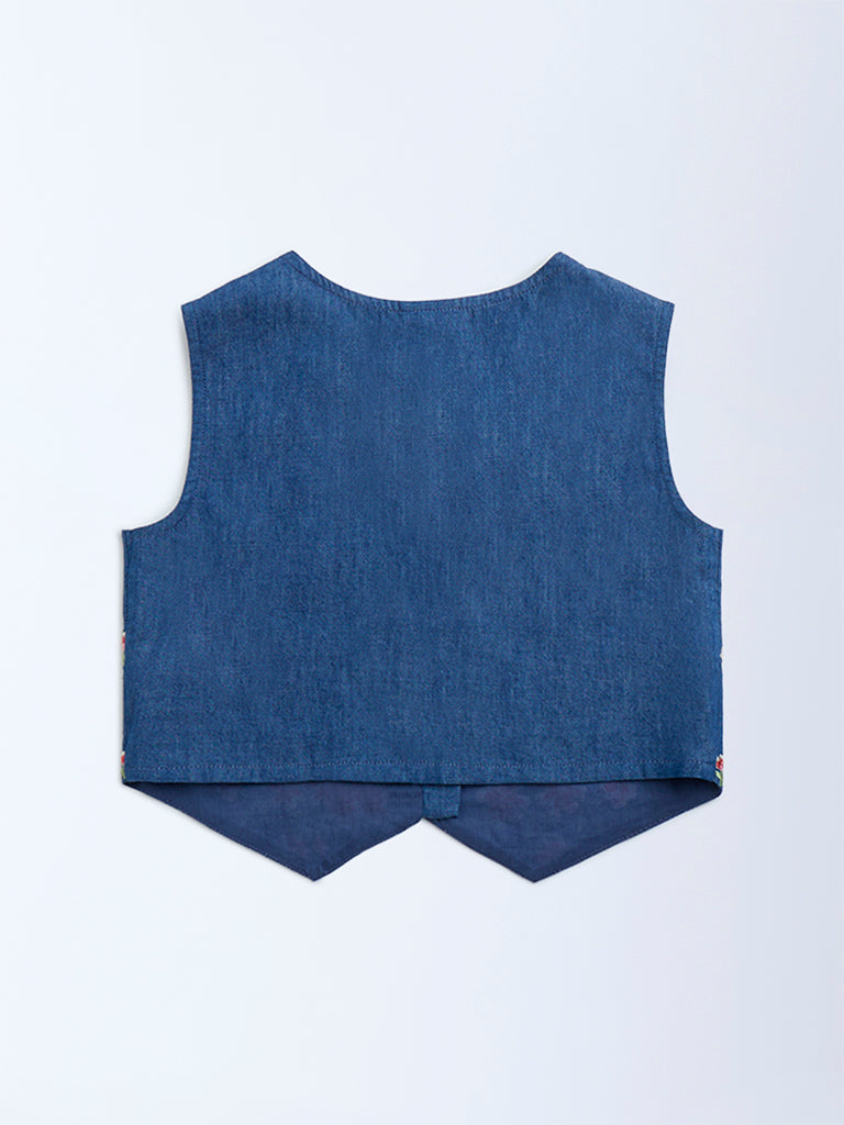 Utsa Kids Dark Blue Floral Embroidered Denim Vest Top - (8-14yrs)