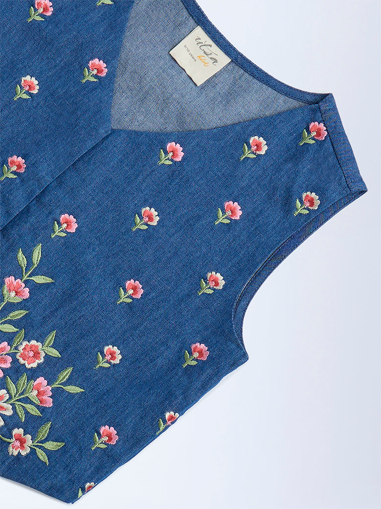 Utsa Kids Dark Blue Floral Embroidered Denim Vest Top - (8-14yrs)