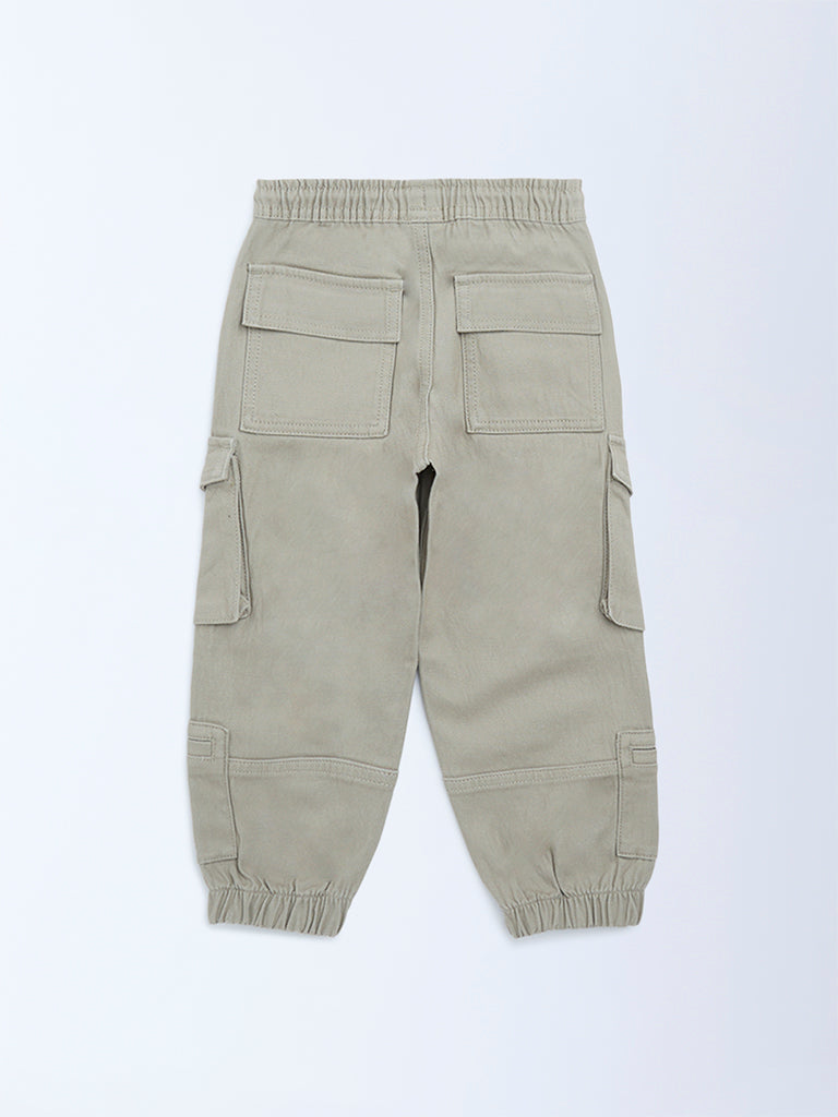 HOP Kids Taupe Mid-Rise Cotton-Blend Cargo Joggers
