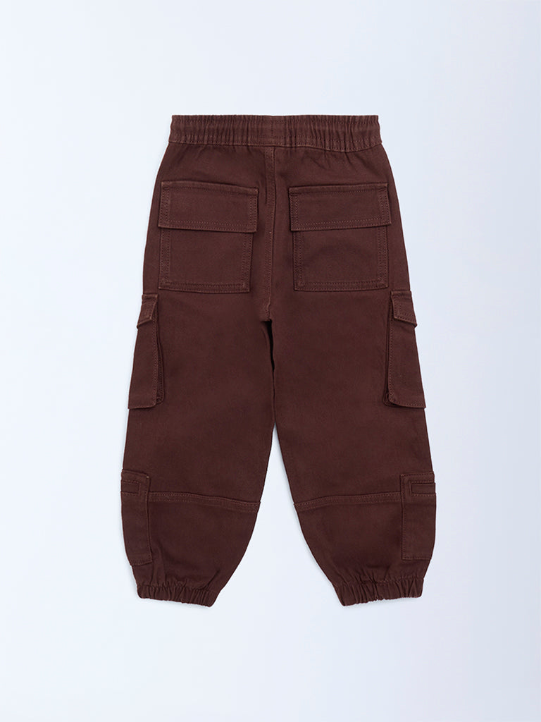 HOP Kids Dark Brown Mid-Rise Cotton-Blend Cargo Joggers