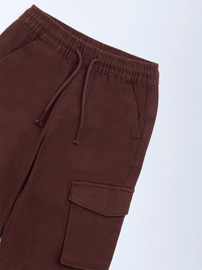 HOP Kids Dark Brown Mid-Rise Cotton-Blend Cargo Joggers