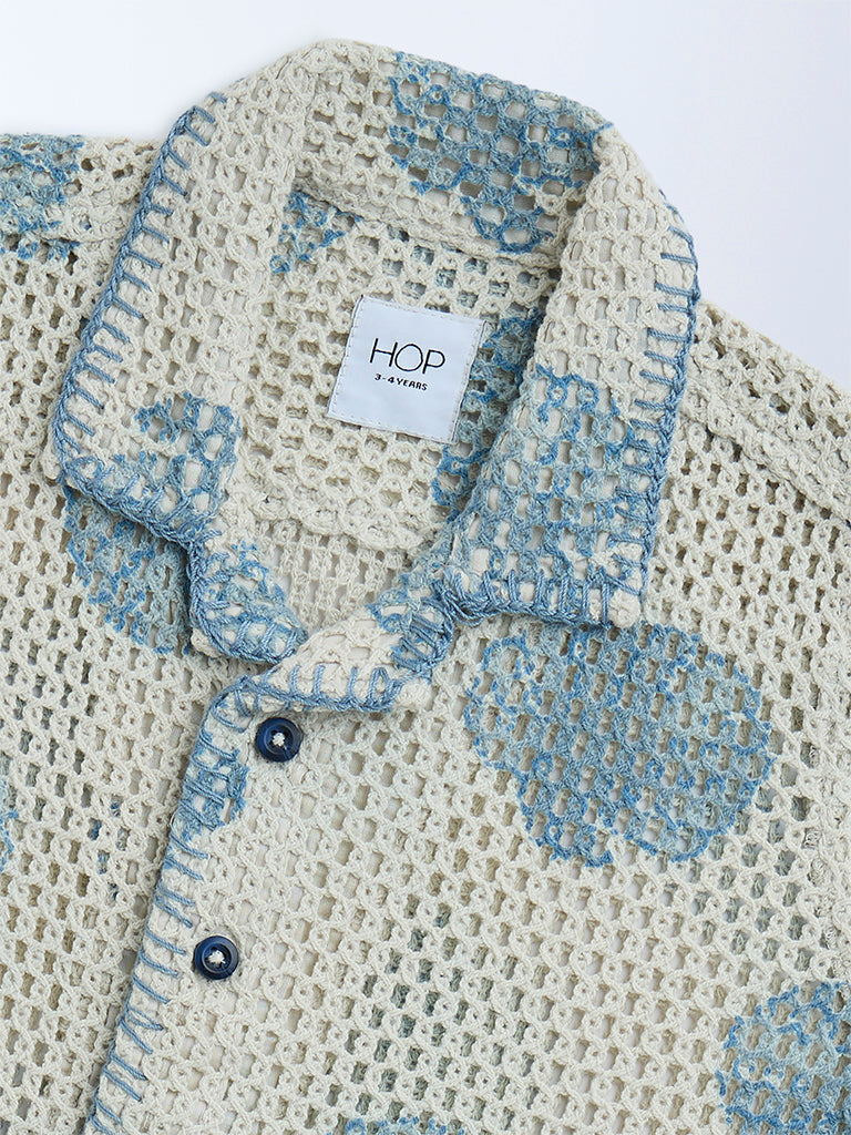 HOP Kids Beige Crochet-Knitted Cotton-Blend Shirt
