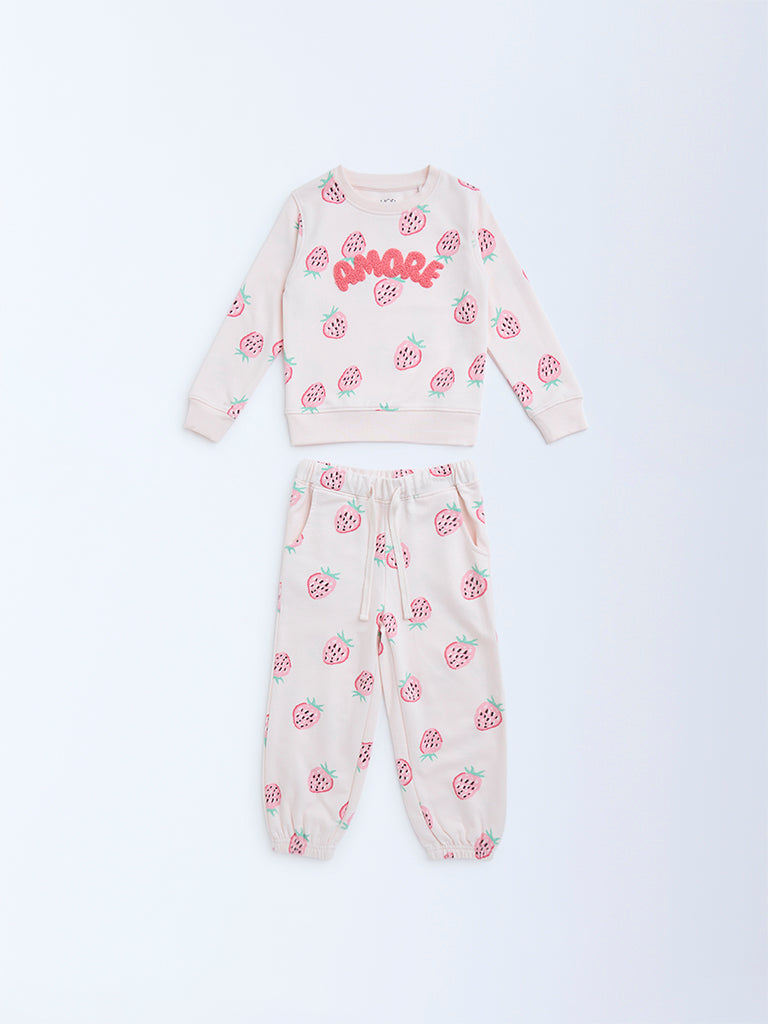 HOP Kids Pink Strawberry Design Cotton Sweatshirt with Joggers Set