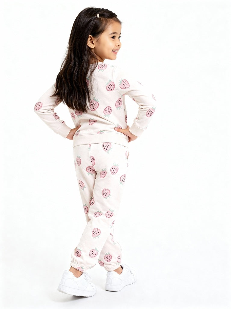 HOP Kids Pink Strawberry Design Cotton Sweatshirt with Joggers Set