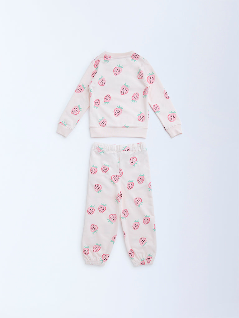 HOP Kids Pink Strawberry Design Cotton Sweatshirt with Joggers Set