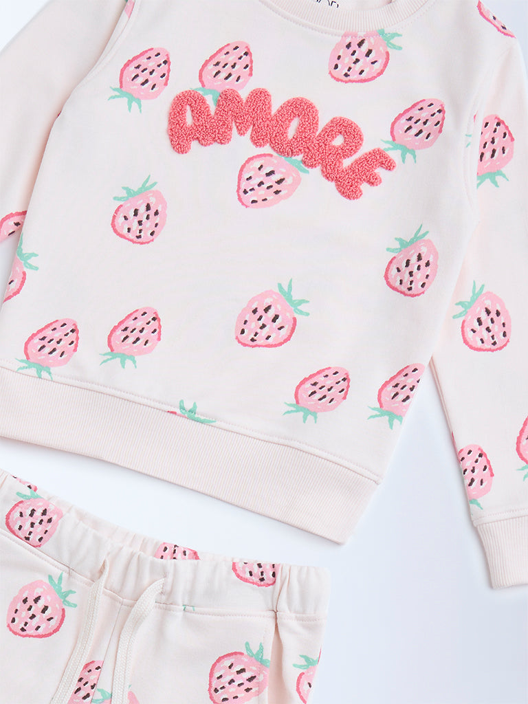 HOP Kids Pink Strawberry Design Cotton Sweatshirt with Joggers Set