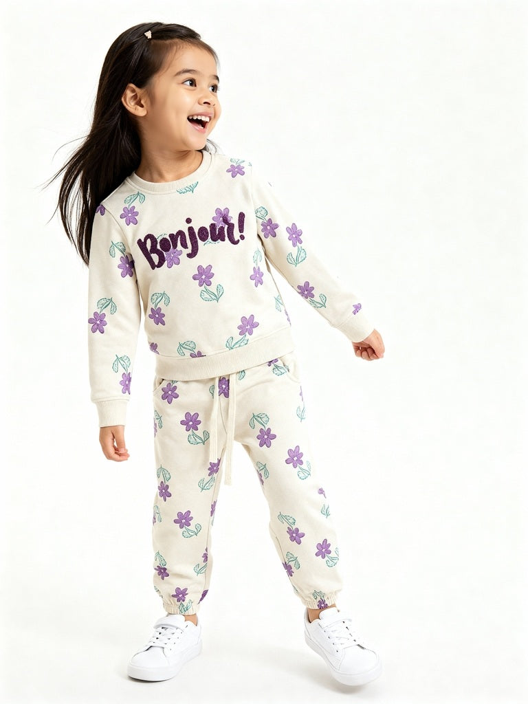 HOP Kids Beige Floral Cotton-Blend Sweatshirt with Joggers Set