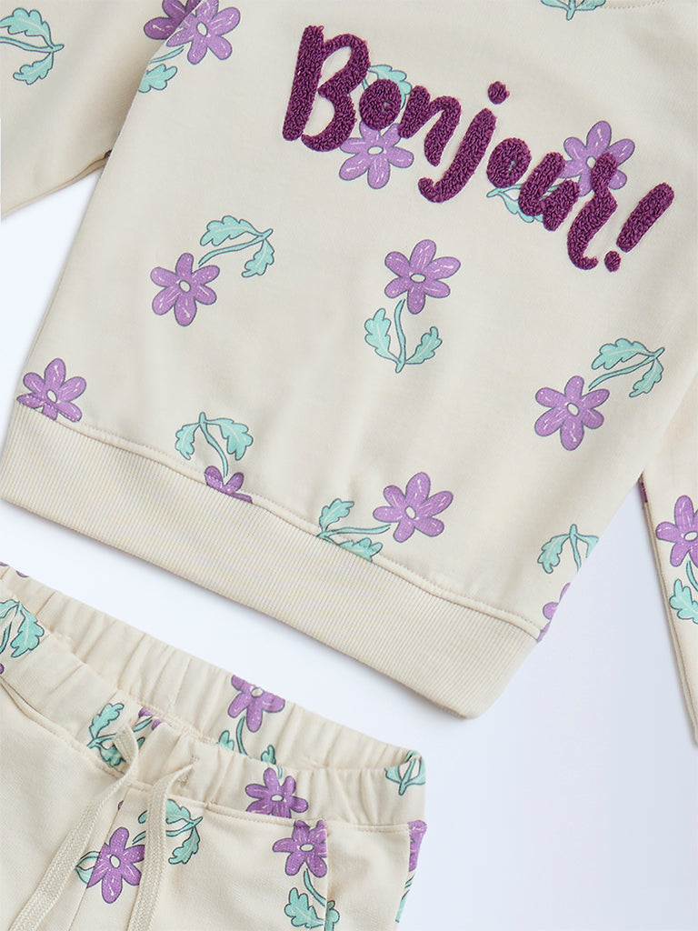 HOP Kids Beige Floral Cotton-Blend Sweatshirt with Joggers Set